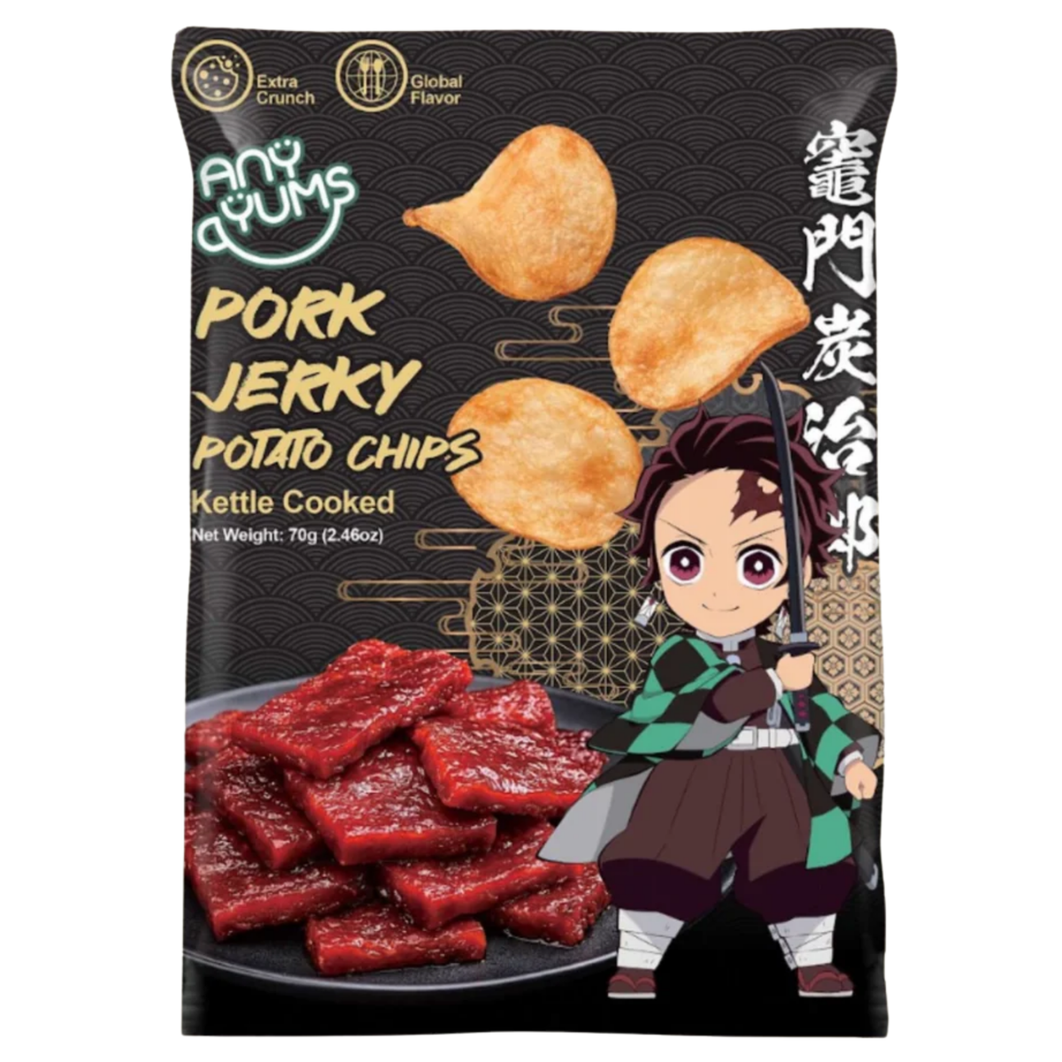 A black package of Any Yums kettle-cooked potato chips with "Pork Jerky Potato Chips" written in bold yellow lettering on the left. On the right side, an anime illustration features the character Tanjiro Kamado from Demon Slayer, dressed in his green-and-black checkered haori and holding his katana raised. Floating potato chips, a plate of red glazed pork jerky pieces, and Japanese kanji characters are also featured on the packaging.