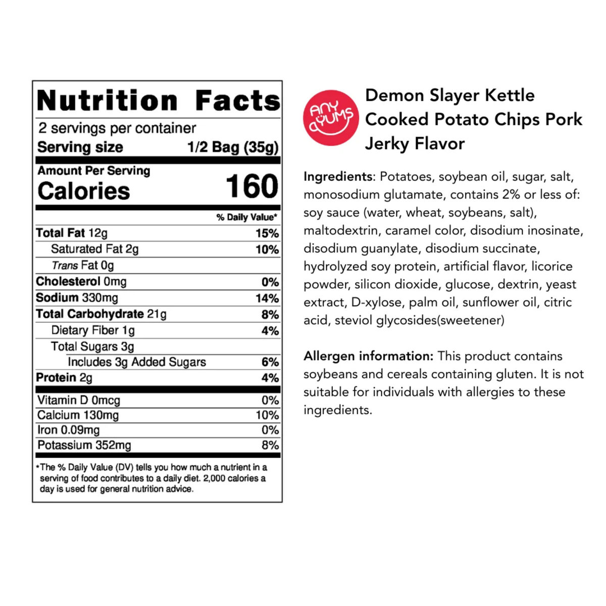 A nutrition facts label for Demon Slayer Kettle Cooked Potato Chips Pork Jerky Flavor, shown alongside the product branding on a white background.