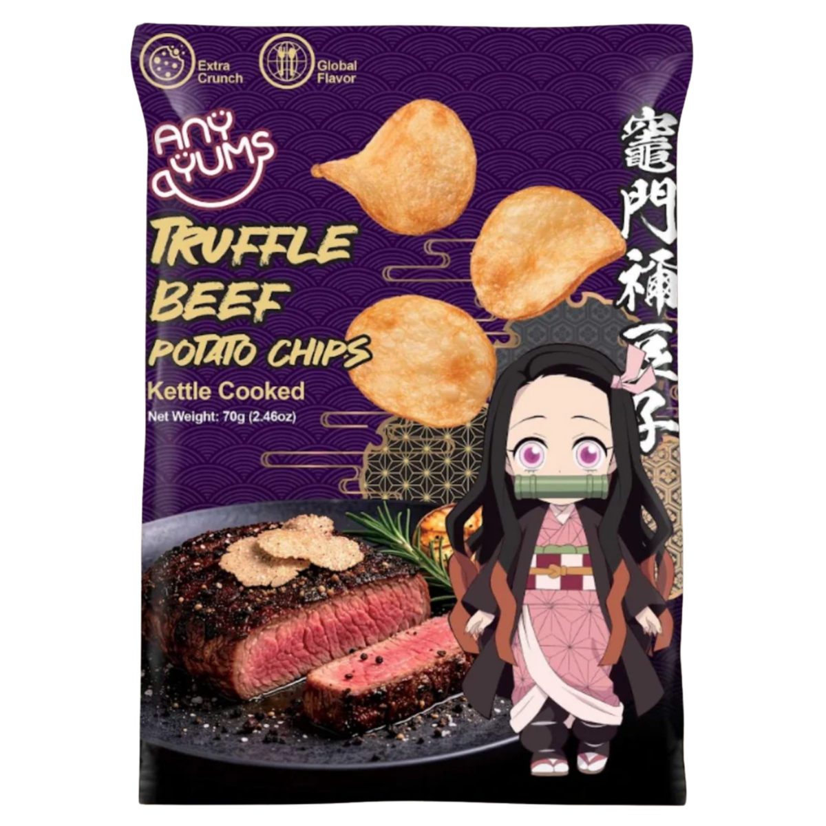 A purple package of Any Yums kettle-cooked potato chips labeled "Truffle Beef Potato Chips" in bold yellow text on the left. On the lower-right side, an anime illustration features the character Nezuko Kamado from Demon Slayer, wearing her pink patterned kimono, dark cloak, and bamboo muzzle. The bag also displays floating potato chips, a sliced seared steak topped with truffle slices and a rosemary sprig, and vertical Japanese kanji characters on the far right.