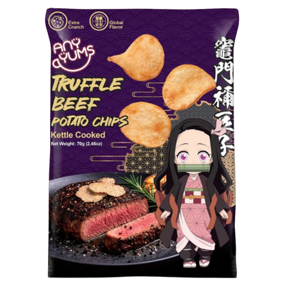 A purple package of Any Yums kettle-cooked potato chips labeled "Truffle Beef Potato Chips" in bold yellow text on the left. On the lower-right side, an anime illustration features the character Nezuko Kamado from Demon Slayer, wearing her pink patterned kimono, dark cloak, and bamboo muzzle. The bag also displays floating potato chips, a sliced seared steak topped with truffle slices and a rosemary sprig, and vertical Japanese kanji characters on the far right.