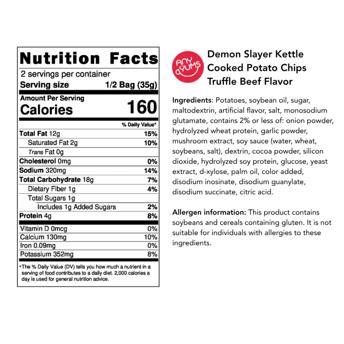 Front and back views of a Demon Slayer Kettle Cooked Potato Chips Truffle Beef Bag packaging, showing the nutrition facts panel on the left and the ingredients list on the right against a white background.