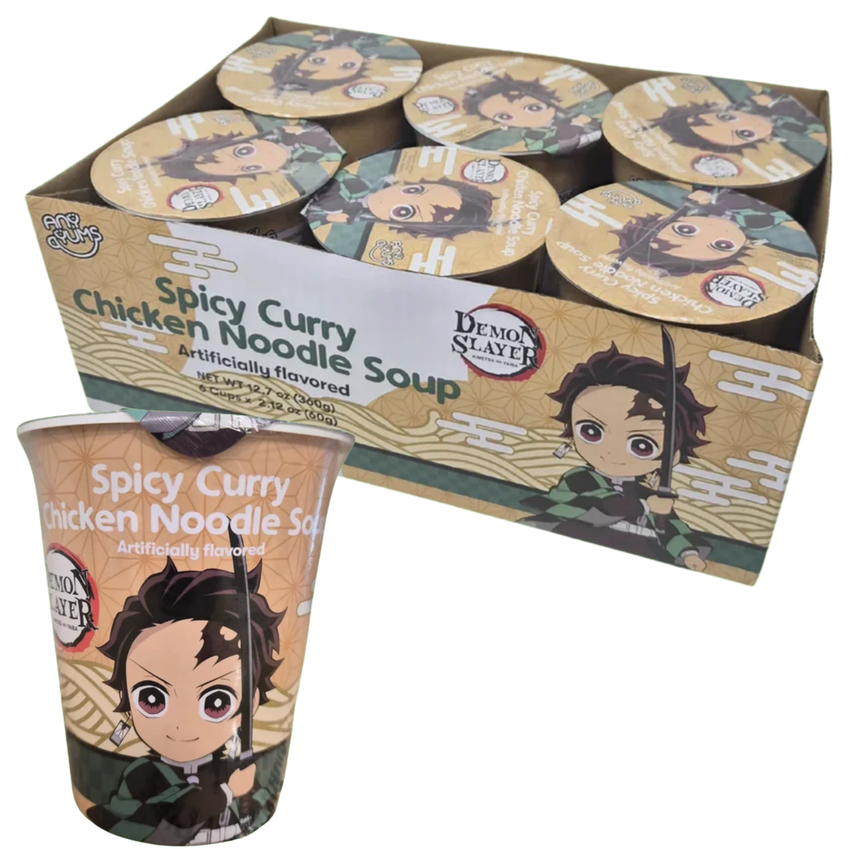 Demon Slayer Spicy Curry Chicken Noodle Soup in a 12-pack cardboard tray with one cup displayed in front, featuring Tanjiro Kamado character artwork.