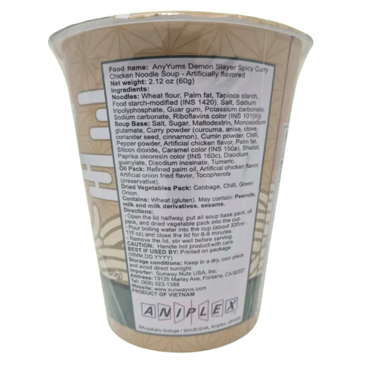 A clear plastic cup of Anyx Demon Slayer Spicy Curry Chicken Noodle Soup, showing the back of the cup with printed ingredients and branding on a white background.