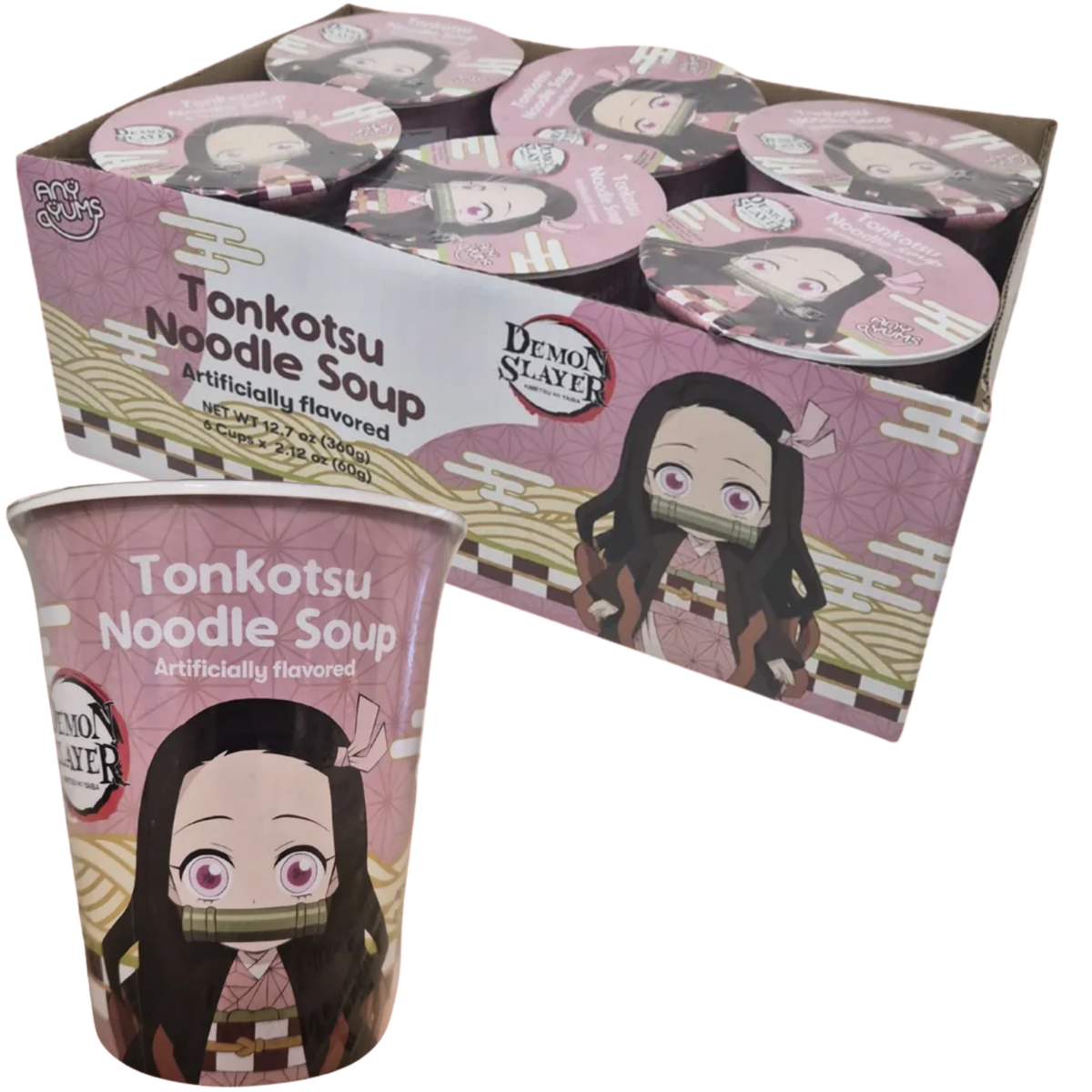 Demon Slayer Tonkotsu Noodle Soup in a pink character cup, shown with a matching 7-pack cardboard tray on a white background.
