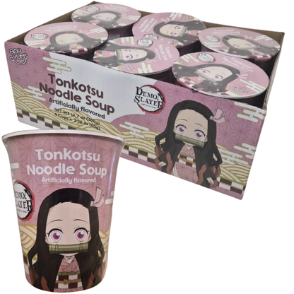Demon Slayer Tonkotsu Noodle Soup in a pink character cup, shown with a matching 7-pack cardboard tray on a white background.