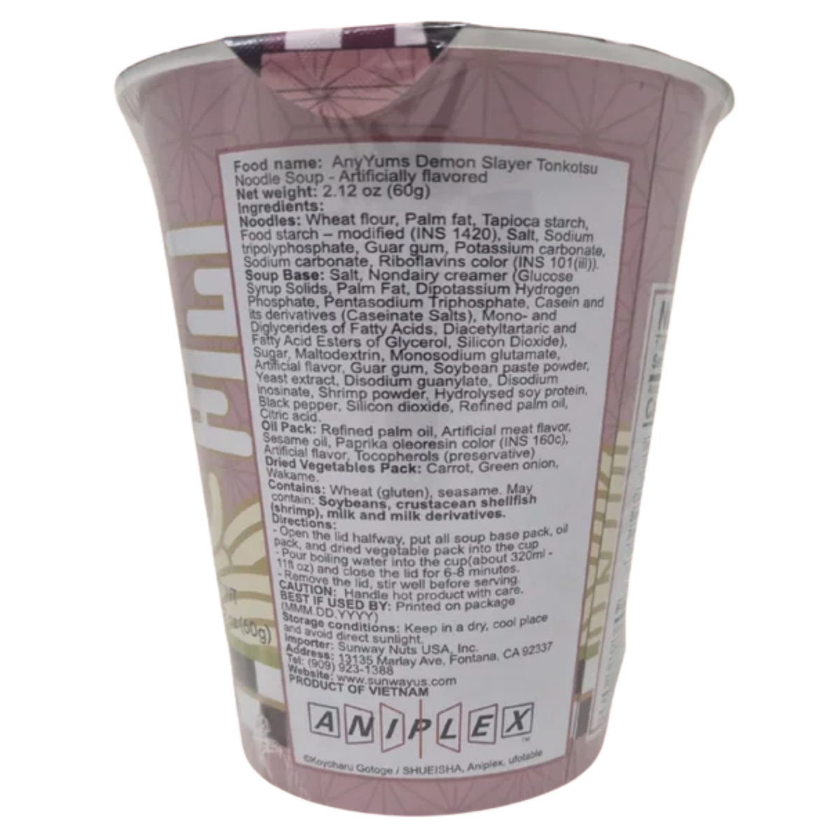 A plastic cup of Amigo's Demon Slayer Tonkatsu Noodle Soup, showing the back of the cup with product details and the Amigo's brand logo.