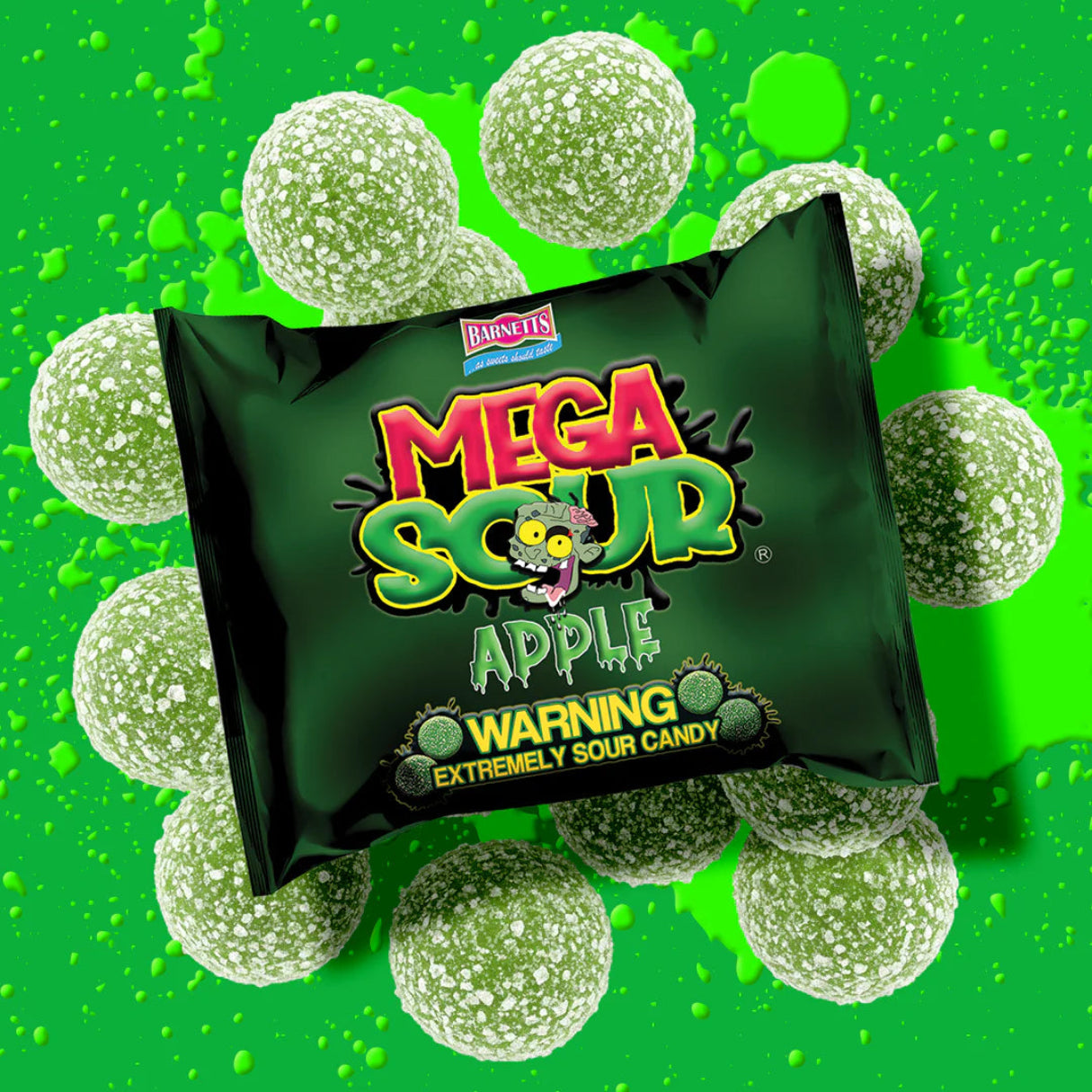 Barnetts Mega Sour Apple candy bag with sour apple candy balls on a bright green background.