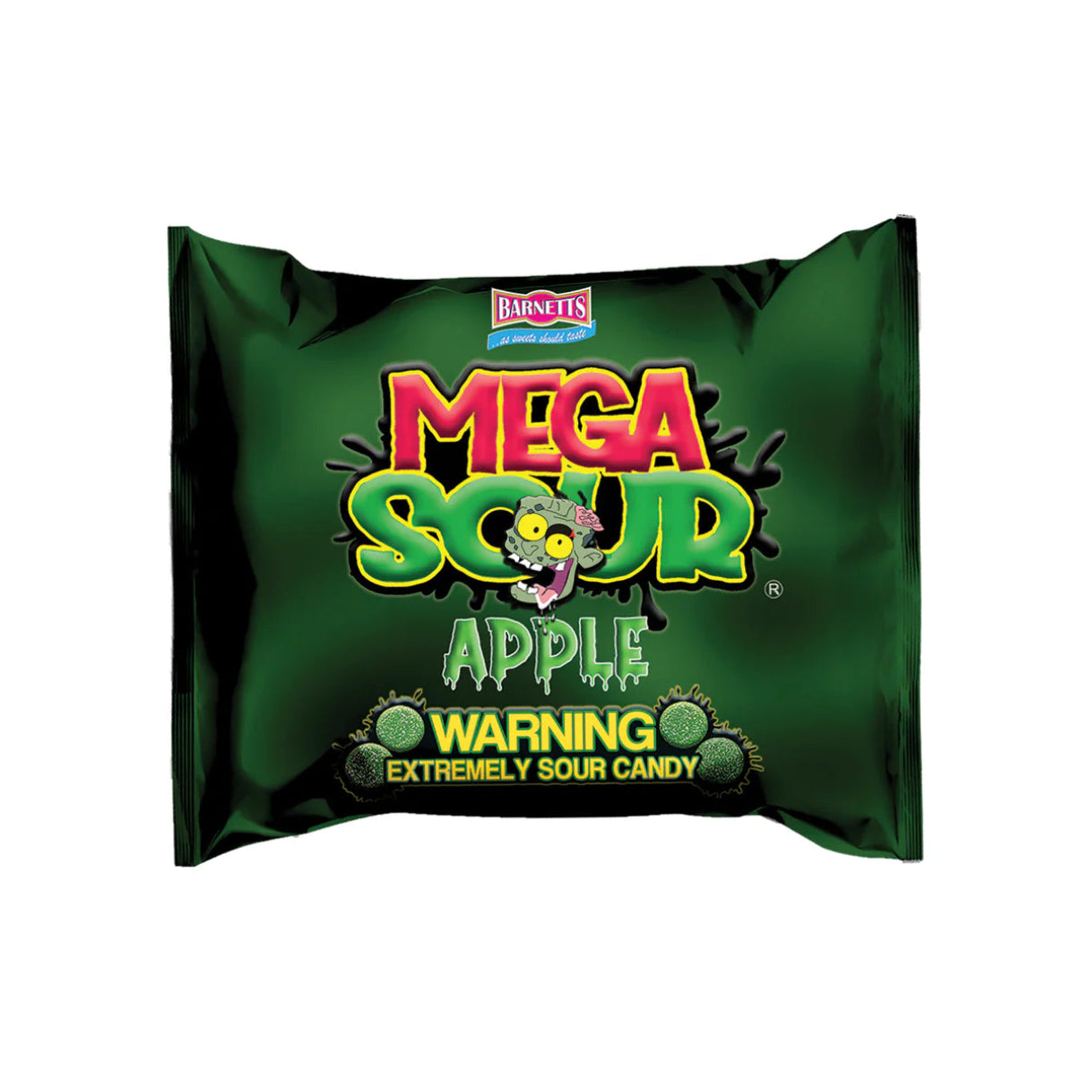 Front of Barnetts Mega Sour Apple candy 104g bag on a white background.