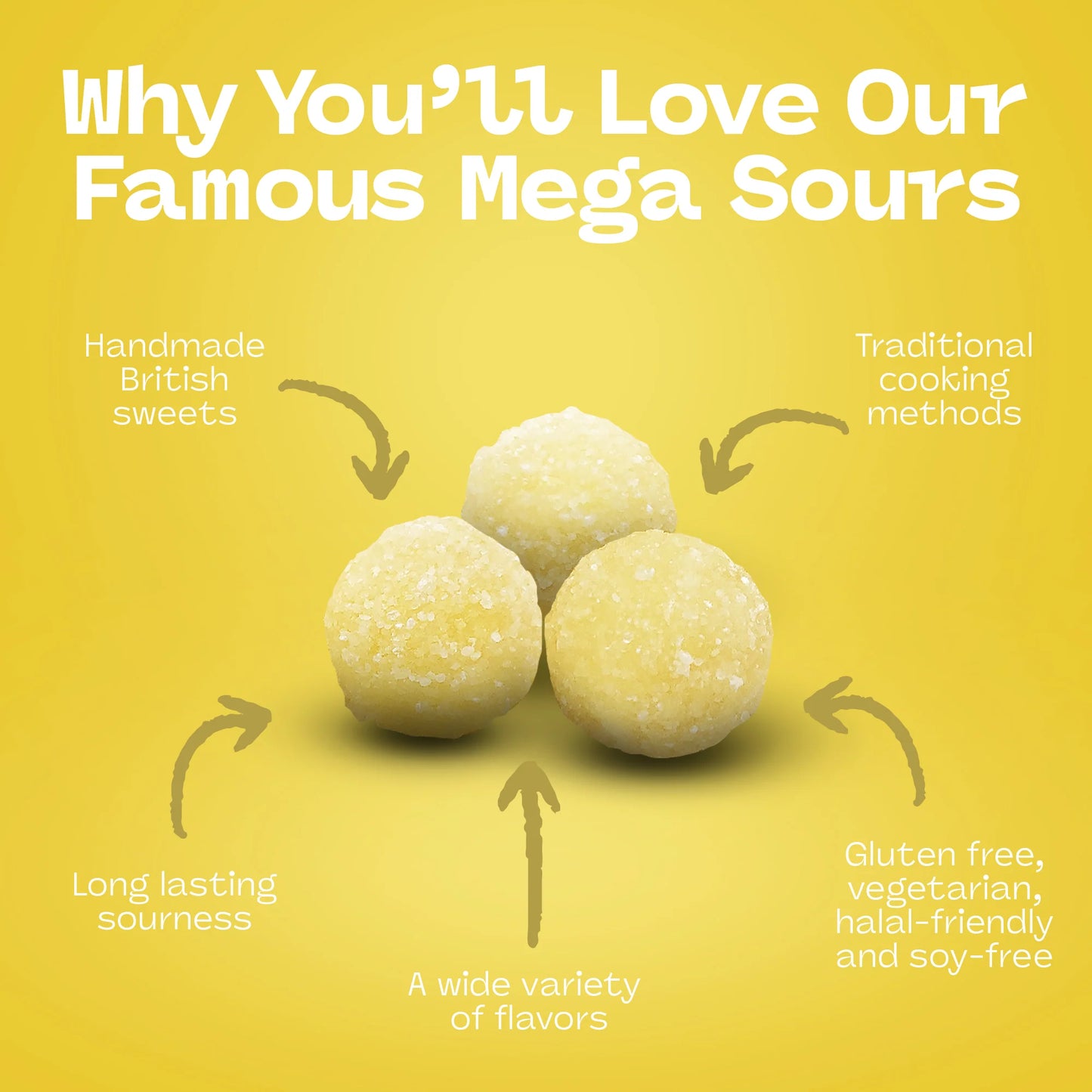 Promotional graphic highlighting features of Barnetts Mega Sour Lemon candy including handmade British sweets and long-lasting sourness