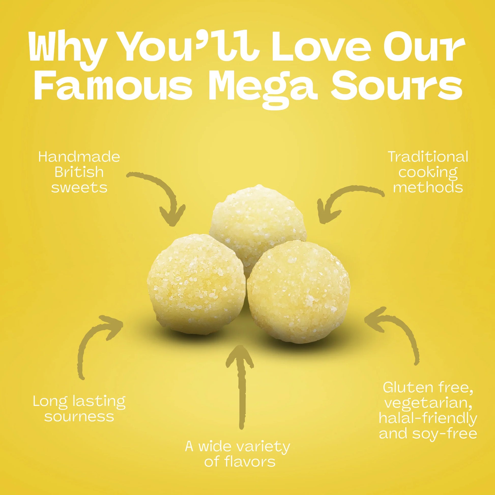Promotional graphic highlighting features of Barnetts Mega Sour Lemon candy including handmade British sweets and long-lasting sourness