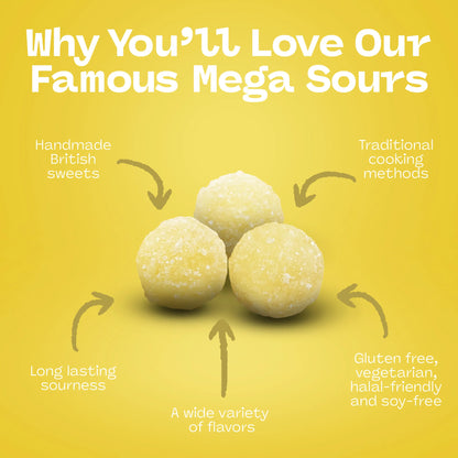 Promotional graphic highlighting features of Barnetts Mega Sour Lemon candy including handmade British sweets and long-lasting sourness