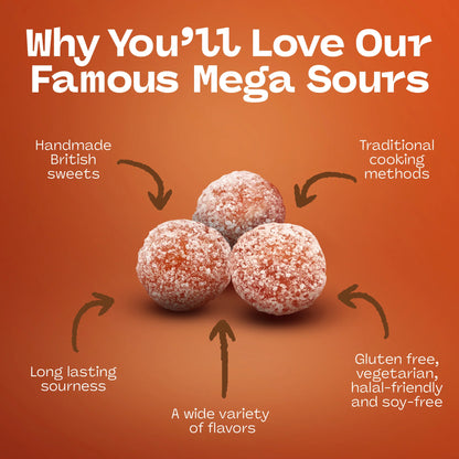 Barnetts Mega Sour Cola promotional graphic highlighting handmade British sweets and extreme sour flavor