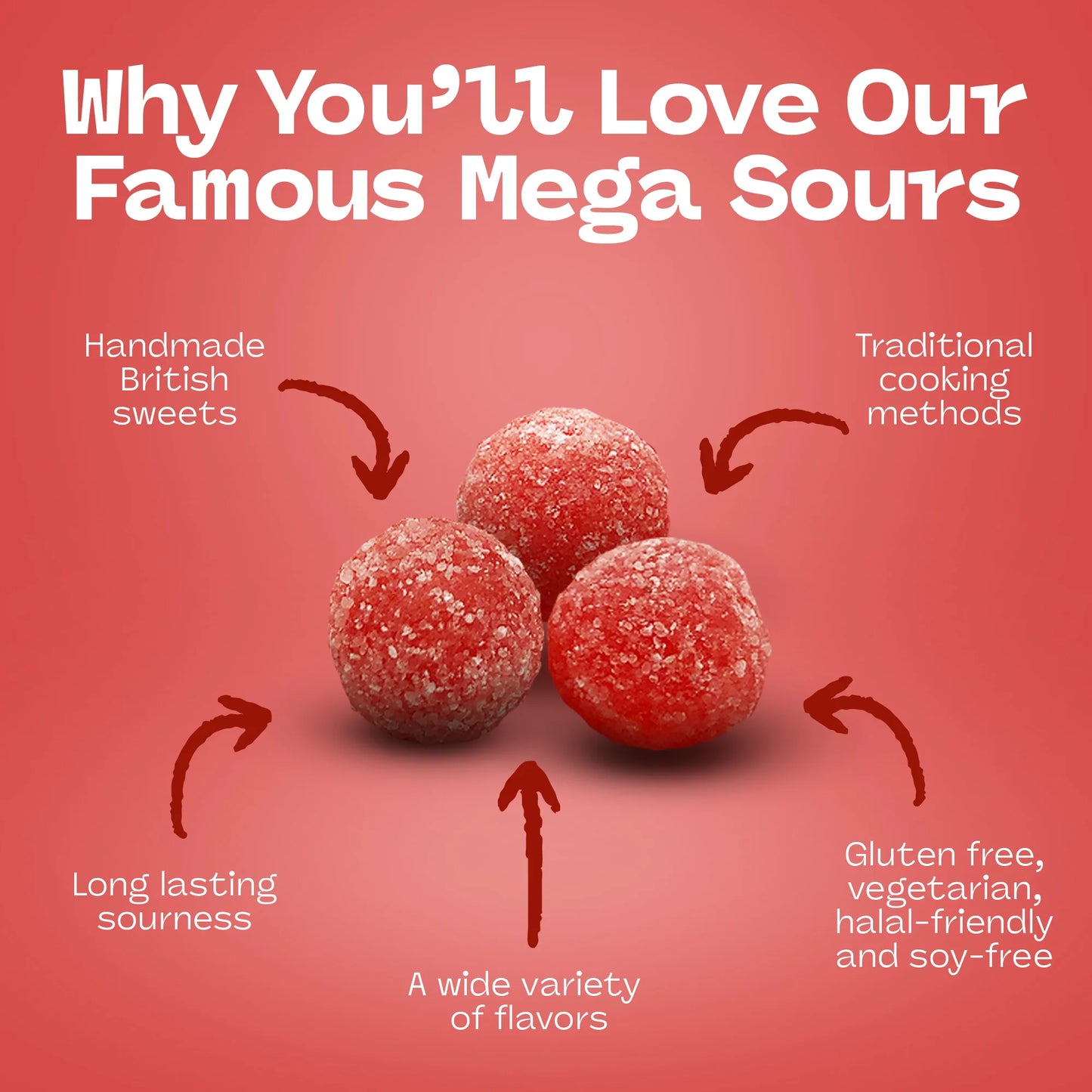 Barnetts Mega Sour Cherry Candy Promotional Graphic Highlighting Features