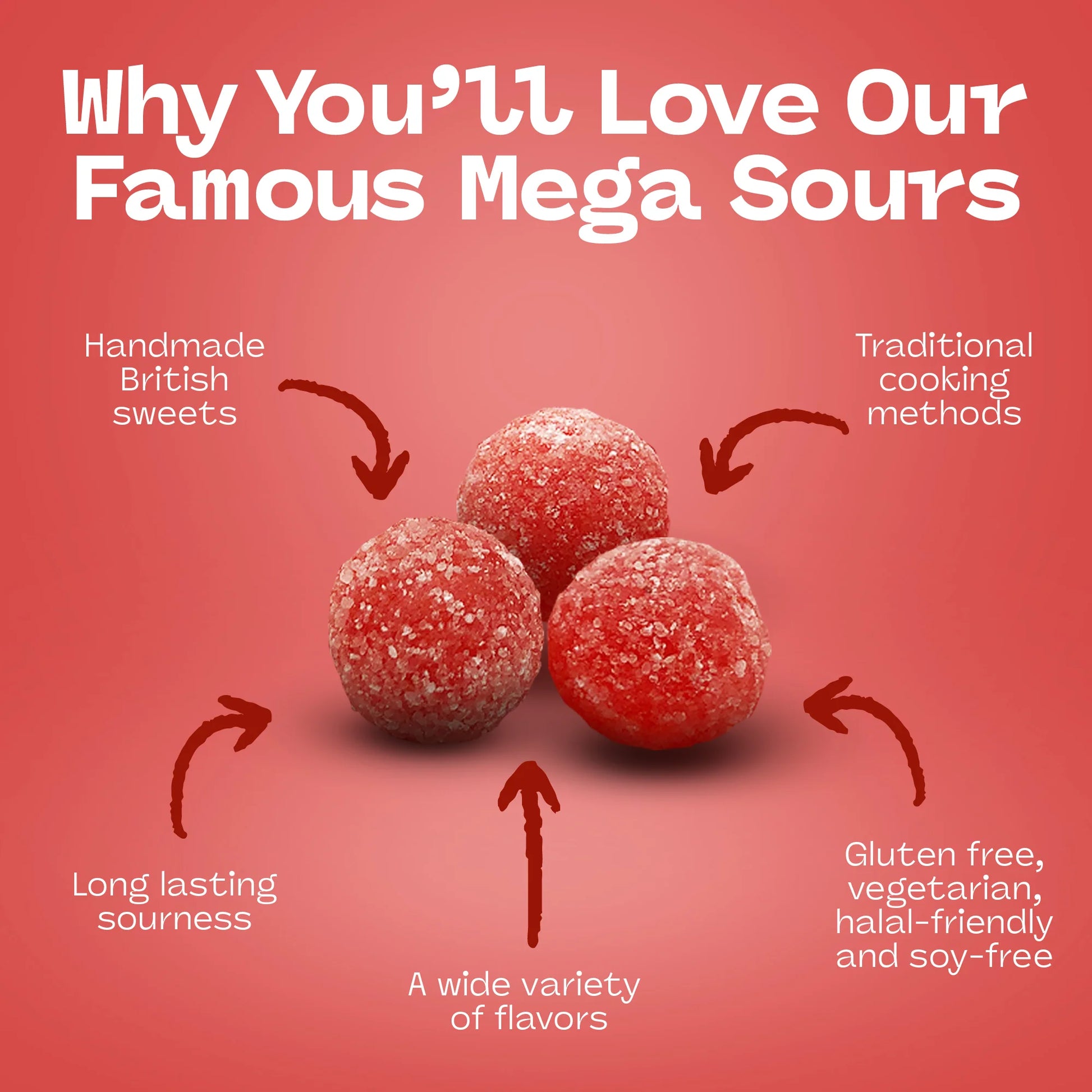 Barnetts Mega Sour Cherry Candy Promotional Graphic Highlighting Features