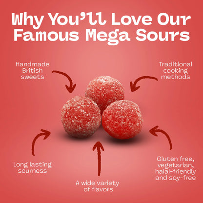 Barnetts Mega Sour Cherry Candy Promotional Graphic Highlighting Features