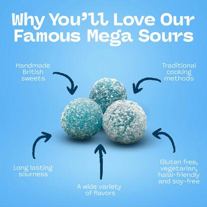 Blue Raspberry Mega Sours candy with features graphic highlighting extreme sour intensity