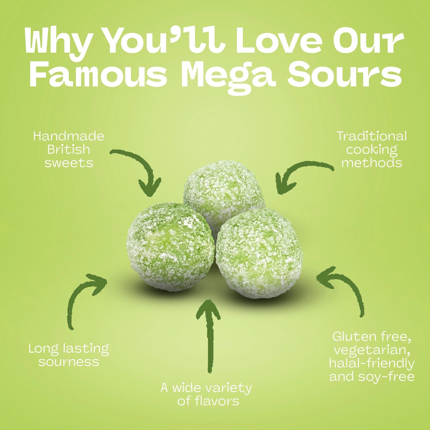 Promotional graphic showing Barnetts Mega Sour Apple candy balls highlighting handmade British sweets and long-lasting sourness.