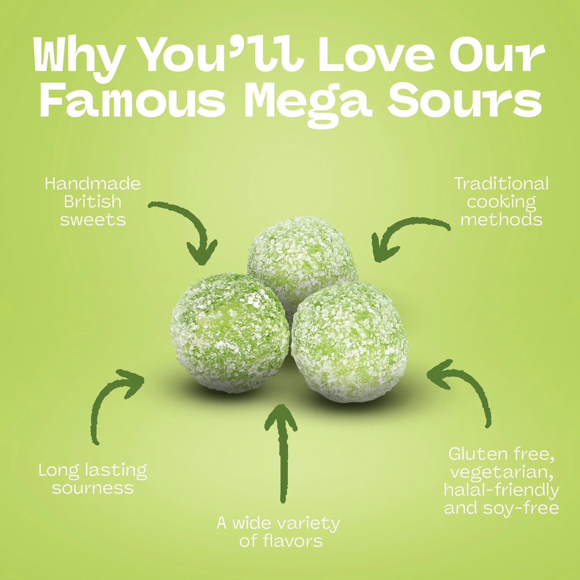 Promotional graphic showing Barnetts Mega Sour Apple candy balls highlighting handmade British sweets and long-lasting sourness.