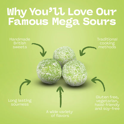 Promotional graphic showing Barnetts Mega Sour Apple candy balls highlighting handmade British sweets and long-lasting sourness.
