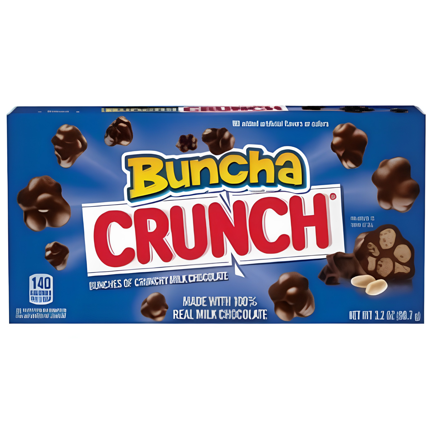 A box of Buncha Crunch mixed chocolate with peanuts. The packaging features a vibrant blue background with the brand name 'Buncha CRUNCH' in bold yellow and red lettering, surrounded by illustrations of chocolate and peanut clusters.