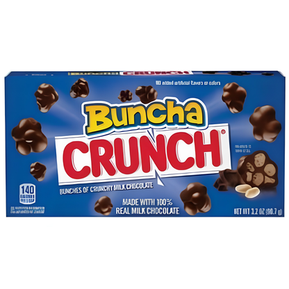 A box of Buncha Crunch mixed chocolate with peanuts. The packaging features a vibrant blue background with the brand name 'Buncha CRUNCH' in bold yellow and red lettering, surrounded by illustrations of chocolate and peanut clusters.