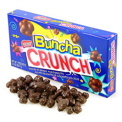 A box of Meltzine Buncha Crunch chocolate-coated snacks with several pieces spilled in front.