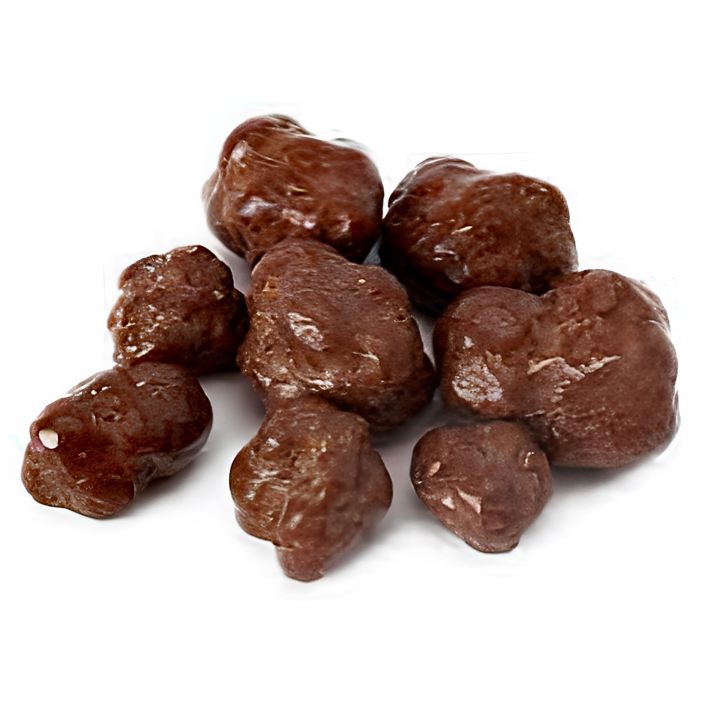 A pile of glossy dark brown chocolate-covered pieces, likely chocolate-covered nuts or candies.