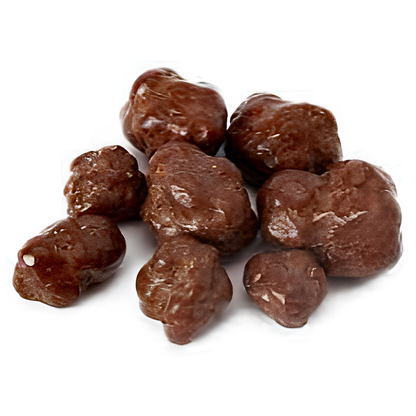 A pile of glossy dark brown chocolate-covered pieces, likely chocolate-covered nuts or candies.