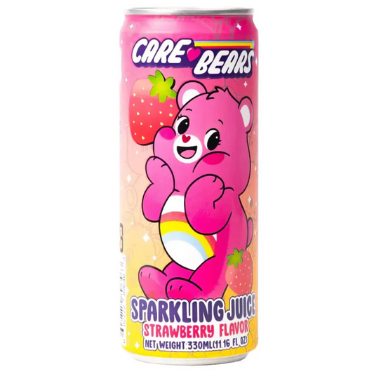 A 330ml slim aluminum drink can labeled "Care Bears Sparkling Juice" in Strawberry Flavor. The pink and yellow packaging features the bright pink character Cheer Bear with a rainbow on her belly, accompanied by illustrations of fresh strawberries and sparkles.