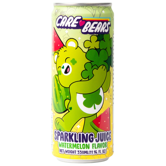 A 330ml slim aluminum drink can labeled "Care Bears Sparkling Juice" in Watermelon Flavor. The light green and yellow package features the green character Good Luck Bear hugging a bouquet of four-leaf clovers, with illustrations of watermelon slices and a whole watermelon in the background.