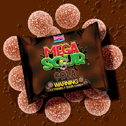 Barnetts Mega Sour Cola candy bag with sour sugar-coated cola balls background
