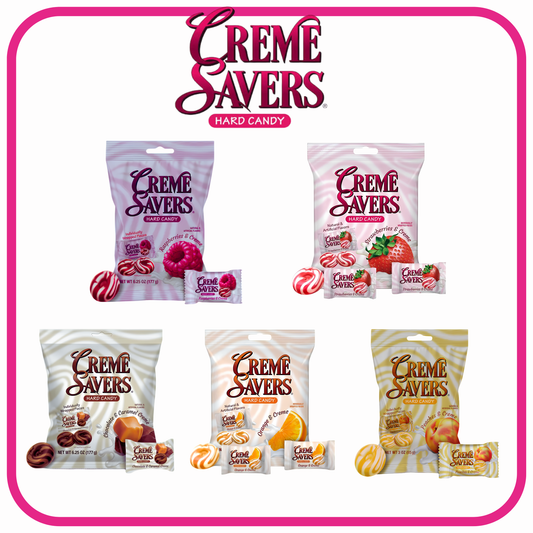 Product collage showcasing Creme Savers hard candy peg bags in assorted flavors, including Strawberries & Creme, Raspberries & Creme, Chocolate & Caramel Creme, Orange & Creme, and Peaches & Creme. Each bag is displayed with matching wrapped candies beneath the Creme Savers logo on a white background with a pink border.