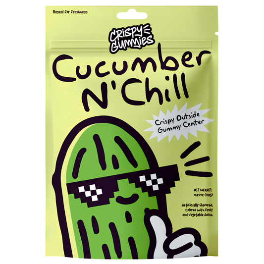 Crispy Gummies Cucumber N' Chill 4.27oz resealable bag with cartoon cucumber mascot in pixel sunglasses.