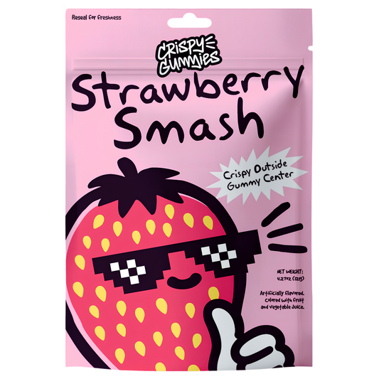 Crispy Gummies Strawberry Smash 4.27oz resealable bag with cartoon strawberry mascot in pixel sunglasses