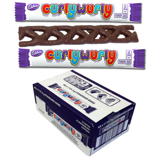 Curly Wurly Cadbury chocolate bar featuring a chewy golden caramel center covered in smooth milk chocolate.