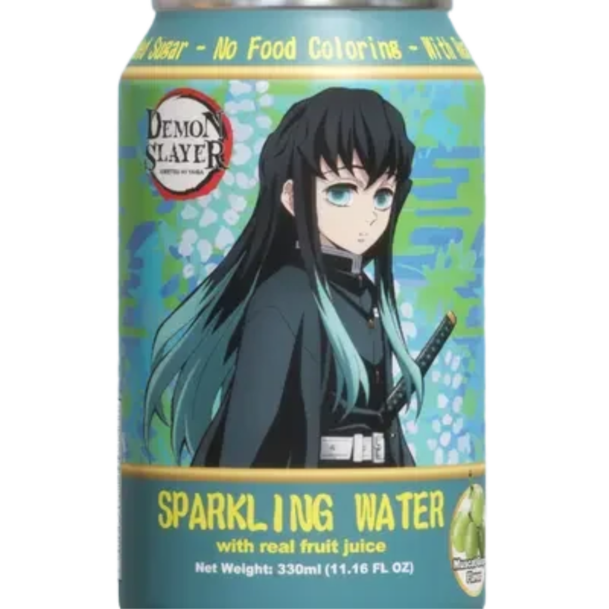 A 330ml aluminum drink can of Demon Slayer: Kimetsu no Yaiba Sparkling Water with real fruit juice. The can features Muichiro Tokito against a blue and green floral background, with yellow lettering indicating sparkling water with real fruit juice.
