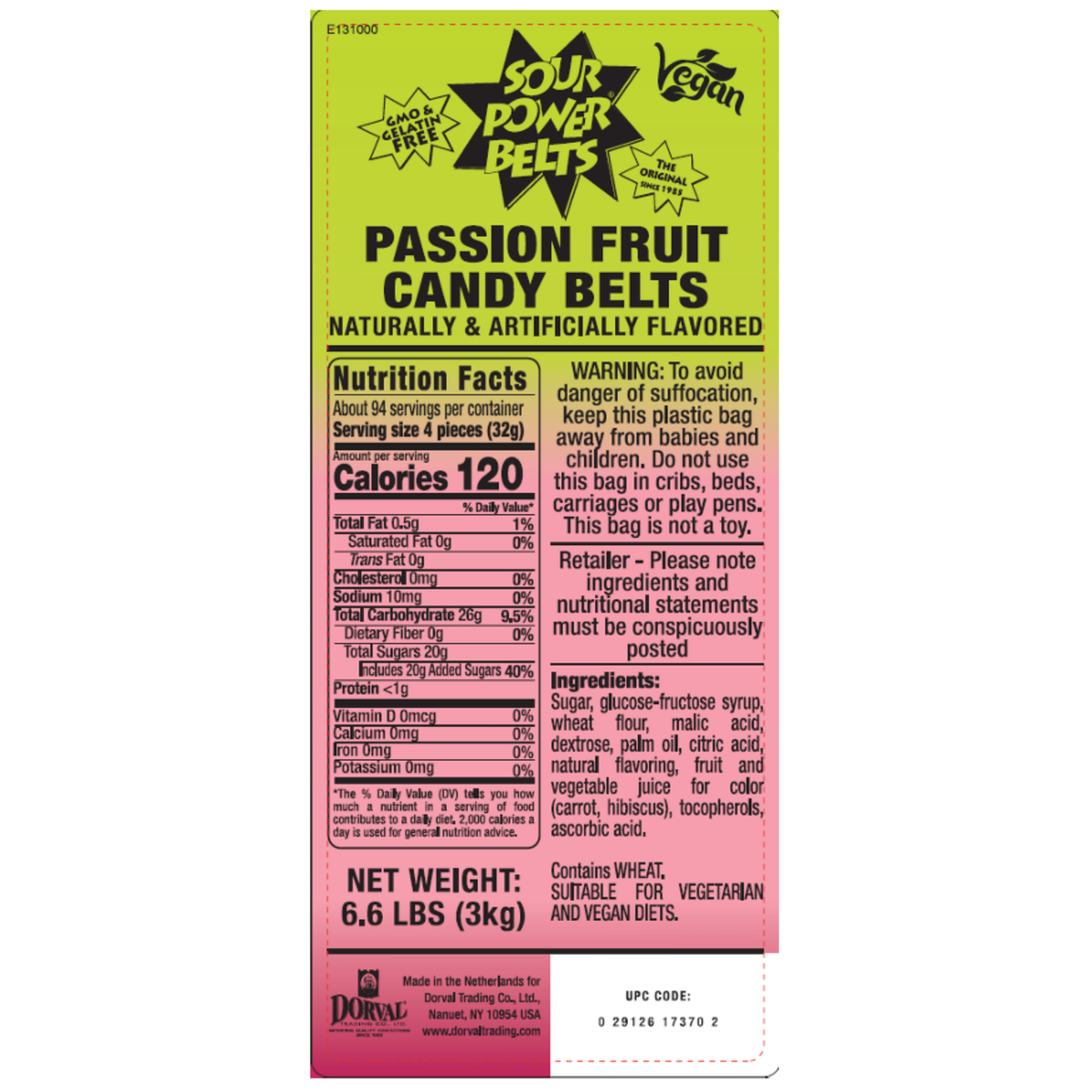 Dorval Sour Power Belts Passion Fruit Candy 6.6lb