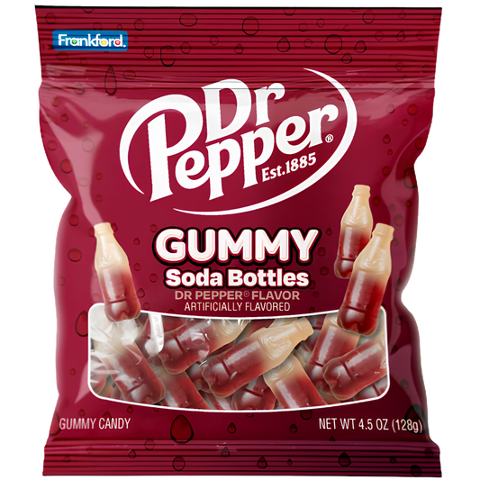 A 4.5 oz bag of Frankford Dr Pepper Gummy Soda Bottles candy, featuring a deep red packaging design with white and silver branding and a clear window showing the gummy candies inside.