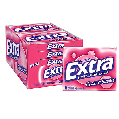 A pack of Extra brand sugar-free gum with bubble flavor in a bright pink box.