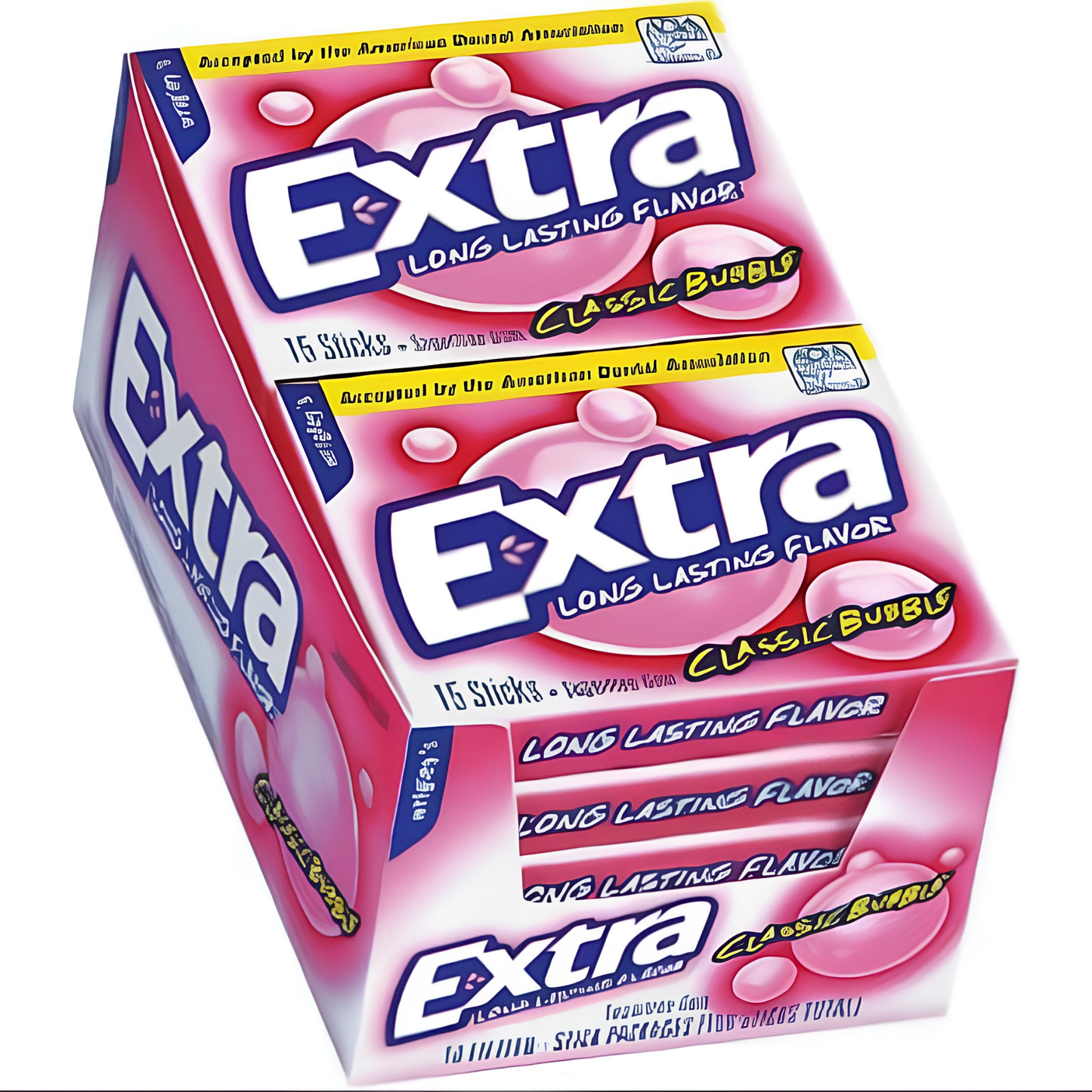A pack of Extra brand sugar-free gum with bubble flavor in a bright pink box.