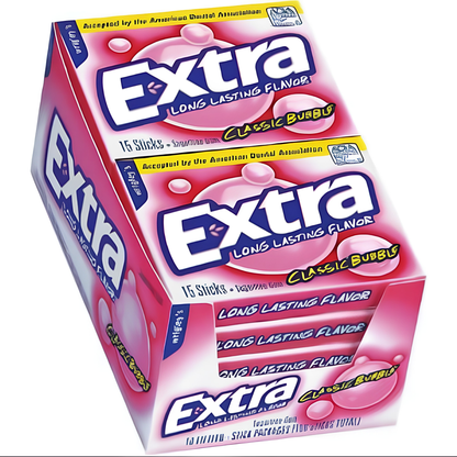 A pack of Extra brand sugar-free gum with bubble flavor in a bright pink box.