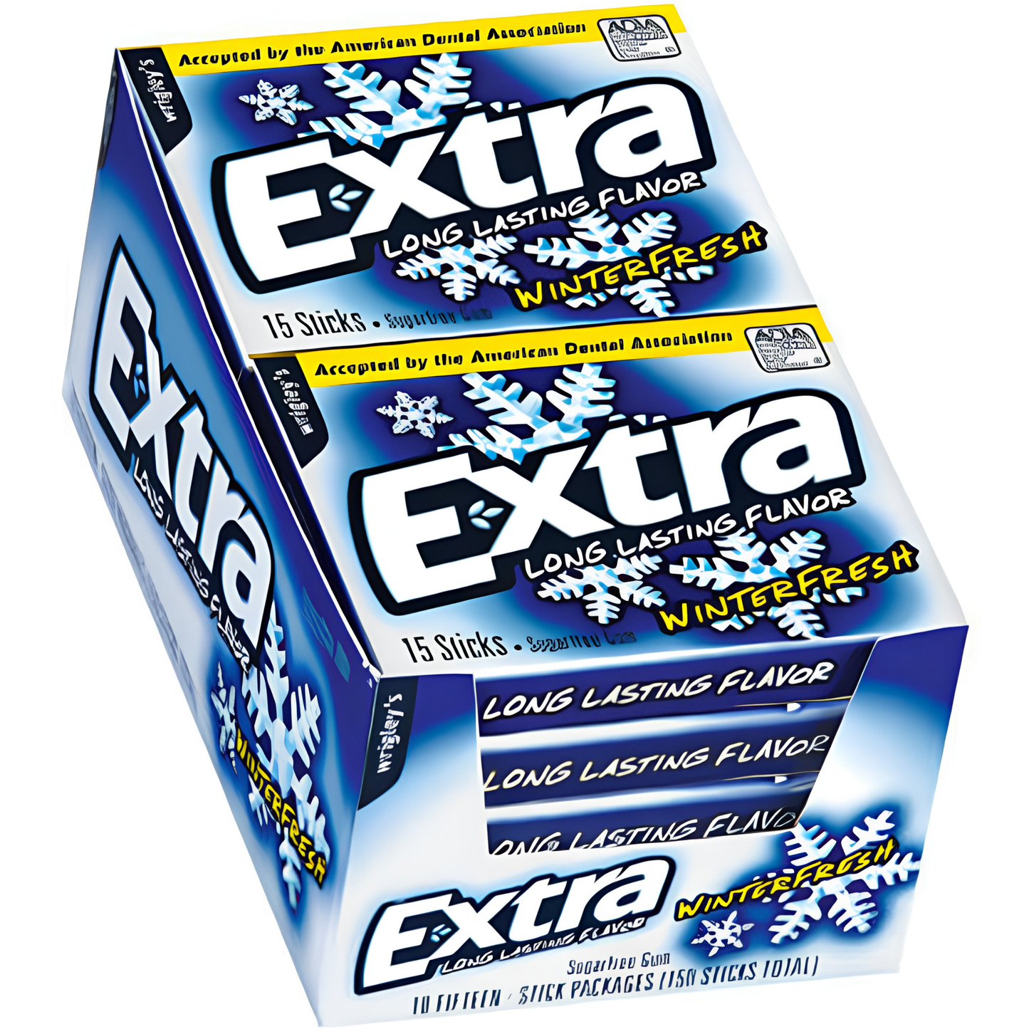 A box of Extra Long Lasting Flavor WinterFresh gum, 15 sticks total, featuring blue and white packaging with snowflake graphics and bold white branding.