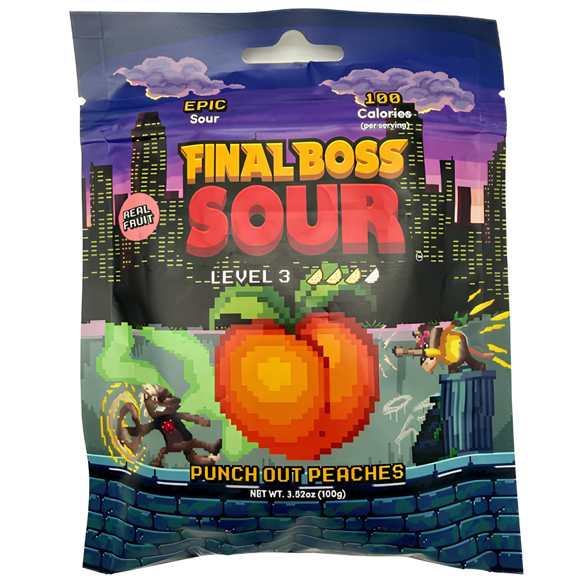 A bag of Finalboss Sour Level 3 Punch Out Peaches candy, featuring a pixel-art design with a character fighting a peach on a city background.