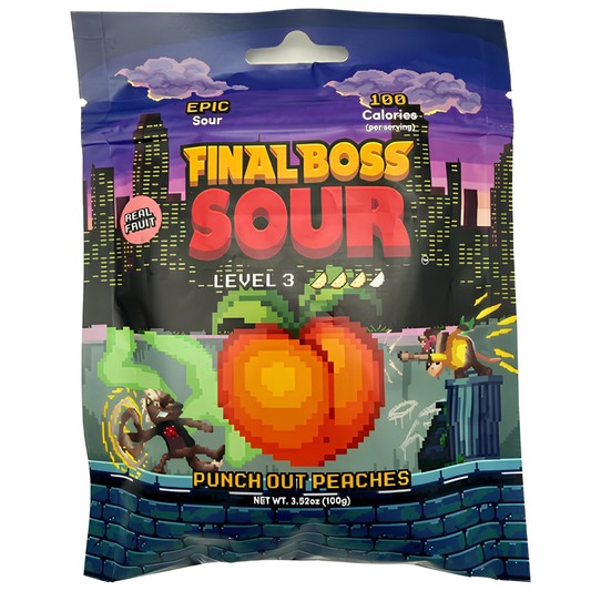A bag of Finalboss Sour Level 3 Punch Out Peaches candy, featuring a pixel-art design with a character fighting a peach on a city background.