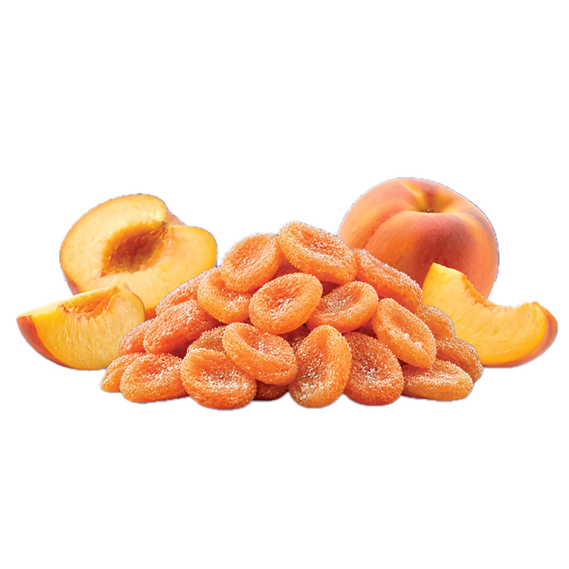 A pile of dried apricot slices with whole and sliced apricots around them, photographed on a clean white background.