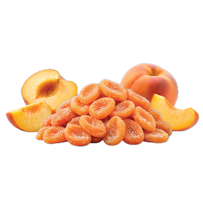 A pile of dried apricot slices with whole and sliced apricots around them, photographed on a clean white background.