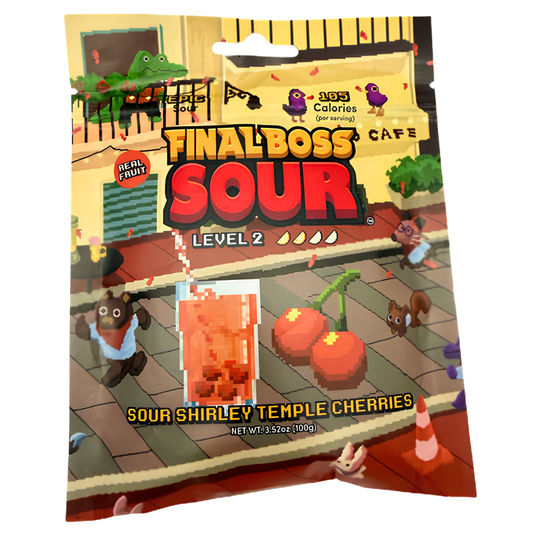 A sealed retail bag of Final Boss Sour Level 2 cherry flavor snack, featuring colorful illustrated artwork of a street scene with a drink, cherries, and small character figures. Visible text includes 'FINAL BOSS SOUR', 'LEVEL 2', and 'SOUR SHIRLEY TEMPLE CHERRIES'.