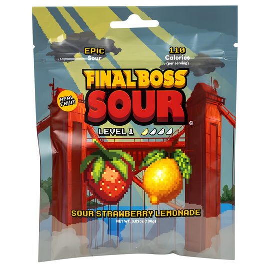 A bag of Final Boss Sour Level 1 candy in Sour Strawberry Lemonade flavor, featuring a colorful graphic of a red bridge, pixelated fruit, and text on a white background.