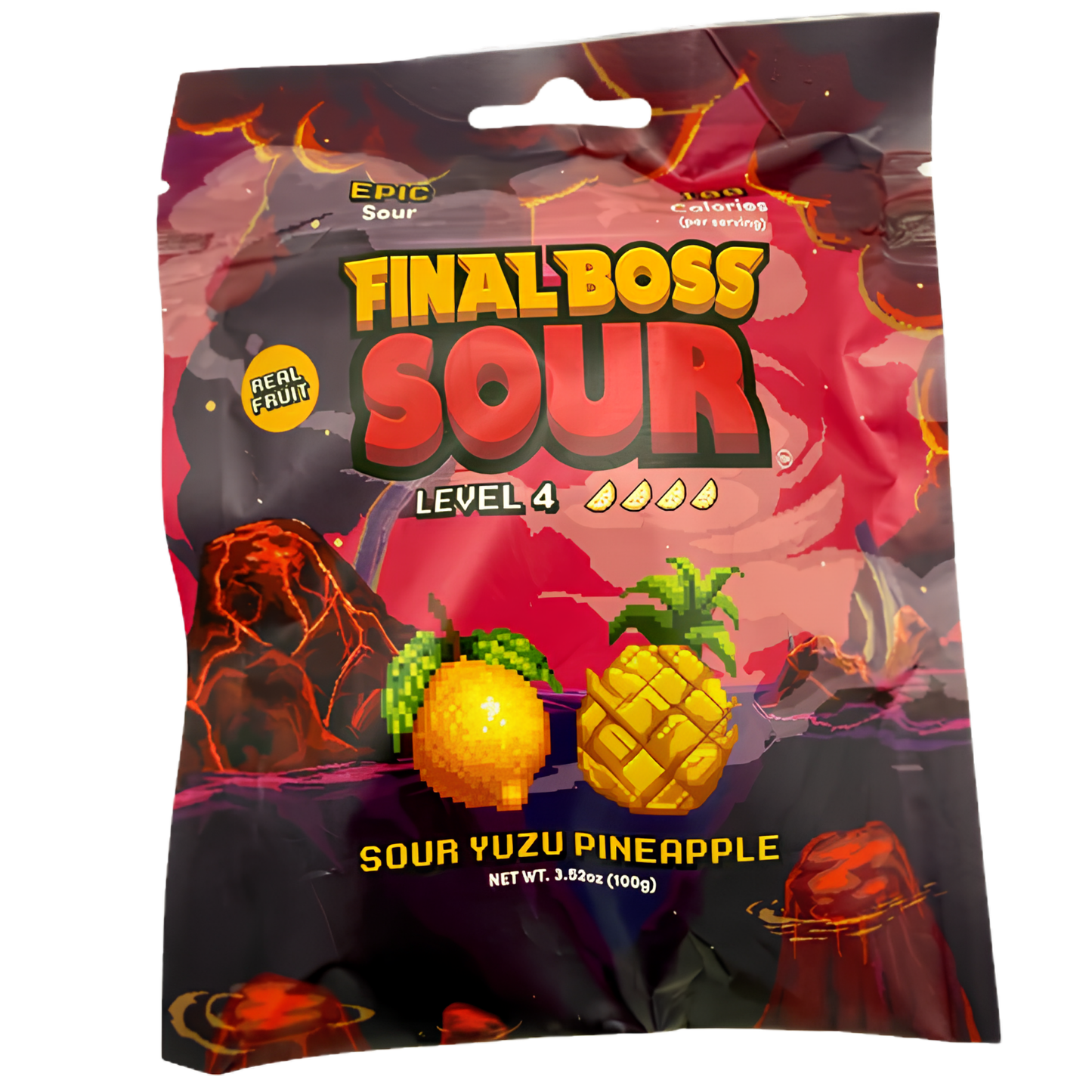 A bag of Final Boss Sour gummy candies in Level 4 Sour Yuzu Pineapple flavor. The packaging features a fiery red and black lava landscape with pixelated illustrations of a yellow citrus fruit and a pineapple, and the brand name 'Final Boss' is prominently displayed at the top.