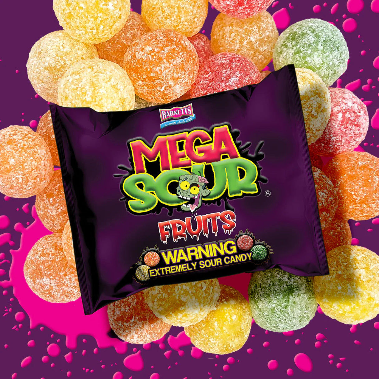 Barnetts Mega Sour Fruits candy bag with assorted sour fruit candy balls background